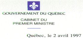 Gouvernement du Québec - Cabinet du Premier Ministre - 02 avril 1997