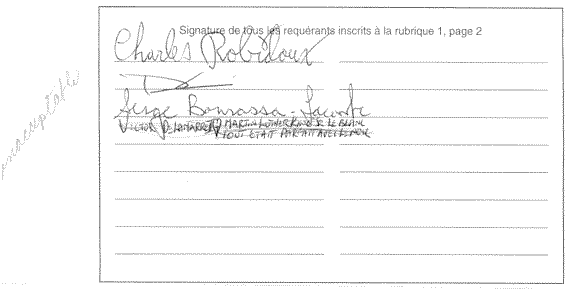 Signature de tous les réquérants à la rubrique 1, page 2 : Serge Joseph Adrien Bourassa-Lacombe, Daniel Cormier, Charles Robidoux !